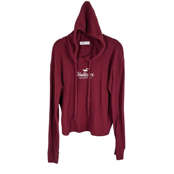 Hollister Waffle Knit Hoodie M Burgundy Y2K Grunge Preppy Neutral Skater Festive - Picture 1 of 10
